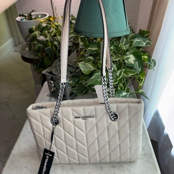 Karl Lagerfeld Chevron Quilted Shoulder Bag - Cream/Gray - Picture 4 of 8